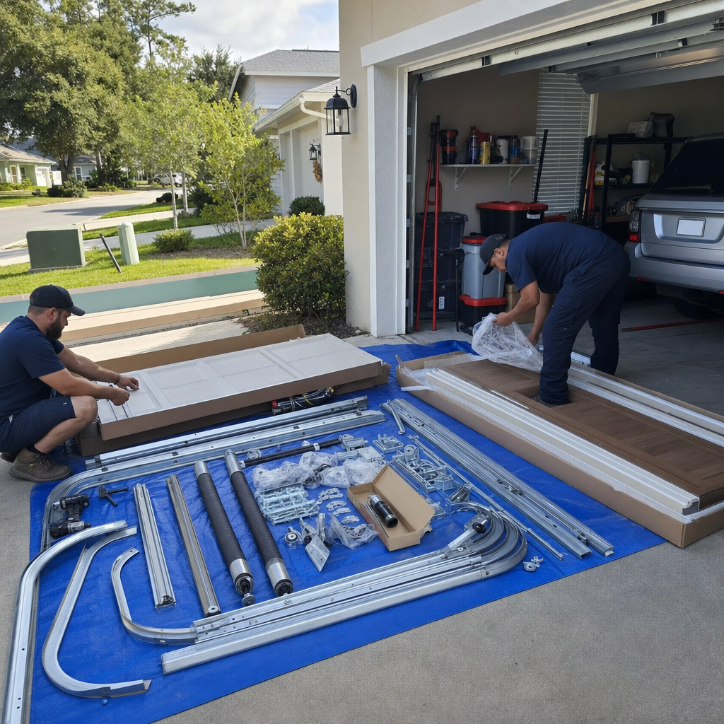 Garage door installation with installer preparing parts for new door.