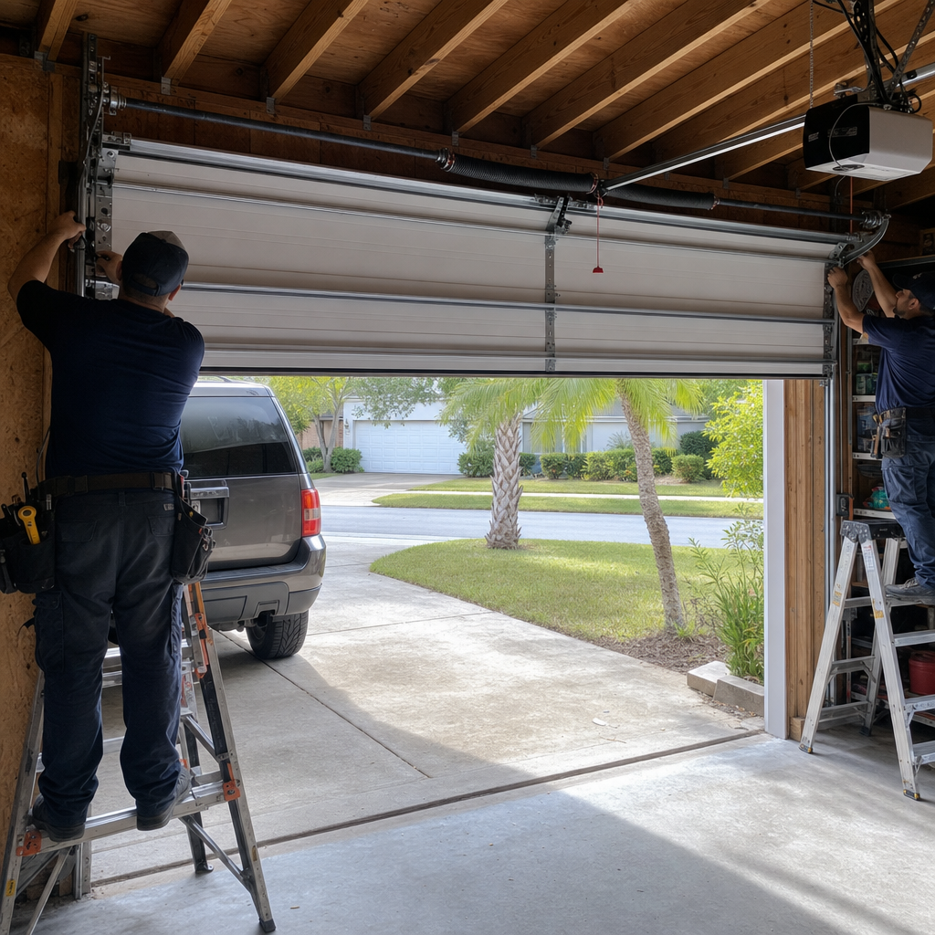 Garage door technician installing door springs and mechanism