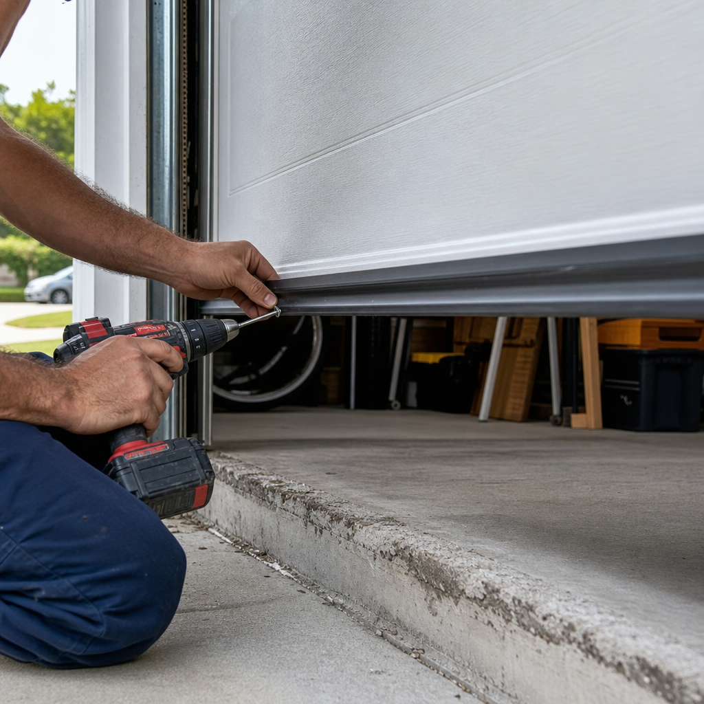 Technician installing garage door with drill