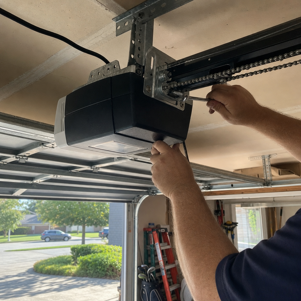 Technician installing garage door opener