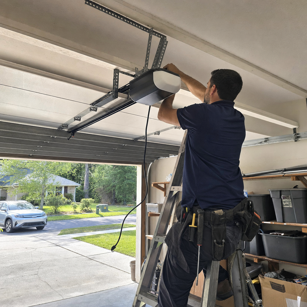 Technician installing garage door opener