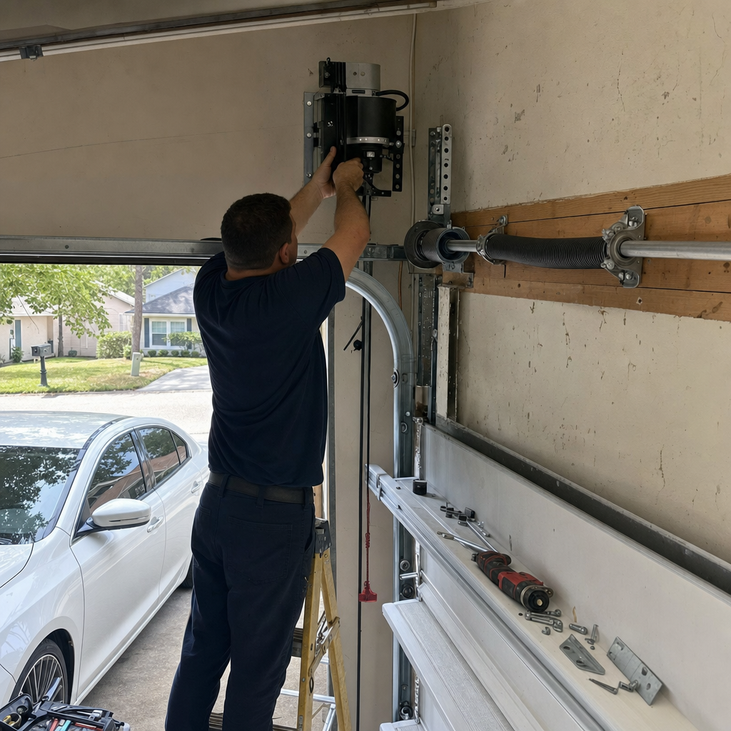 Technician installing garage door opener with tools and hardware