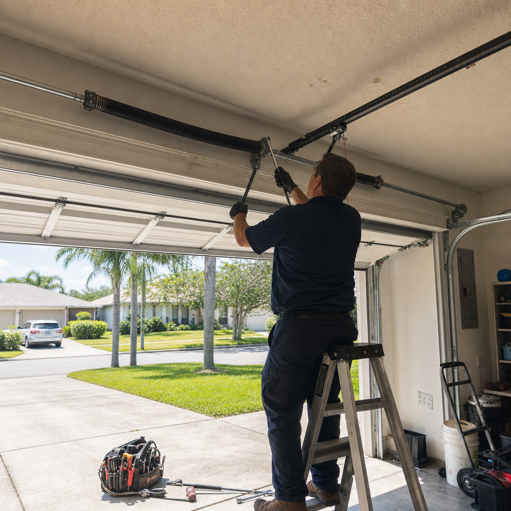 Garage door repair technician working on overhead door spring system