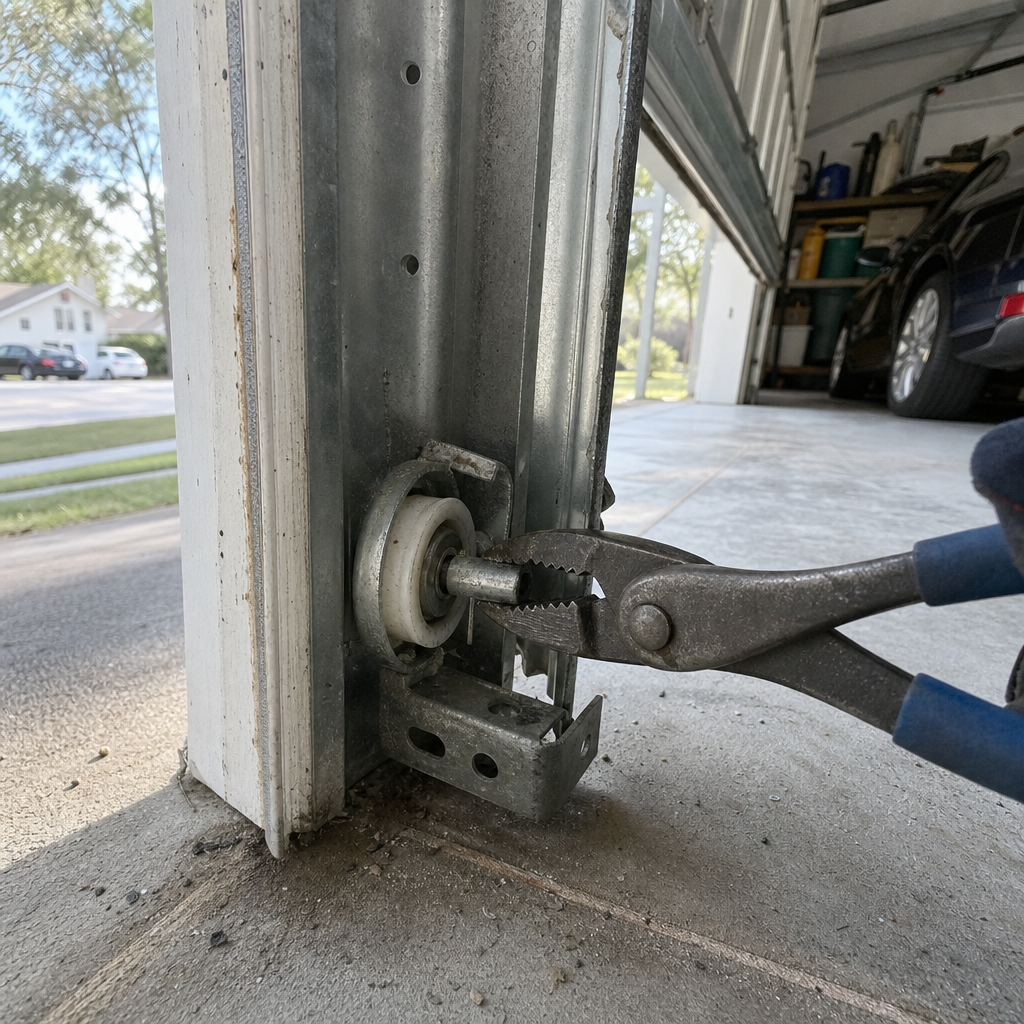 Garage door repair technician adjusting roller with pliers