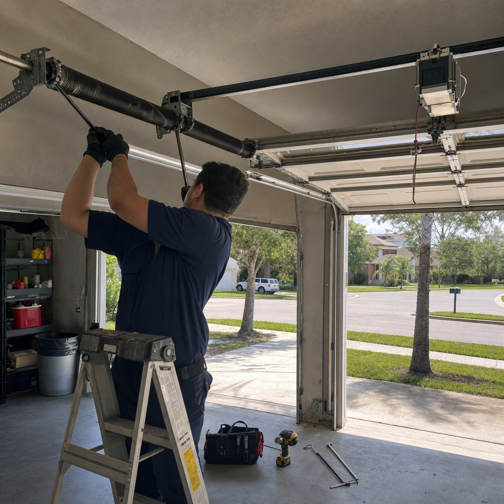 Garage door technician repairing a torsion spring on a garage door.