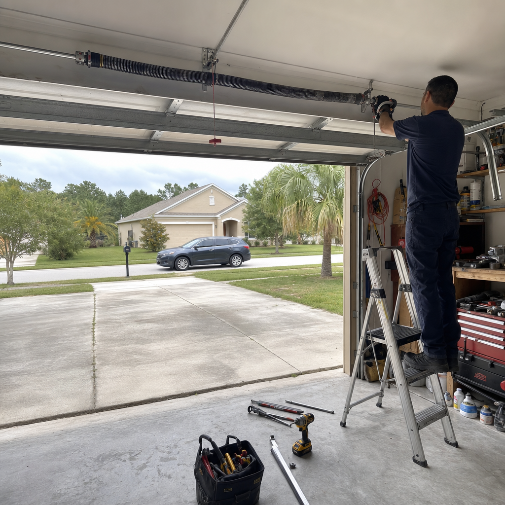 Garage door technician repairing spring system from ladder in Wells Branch, TX