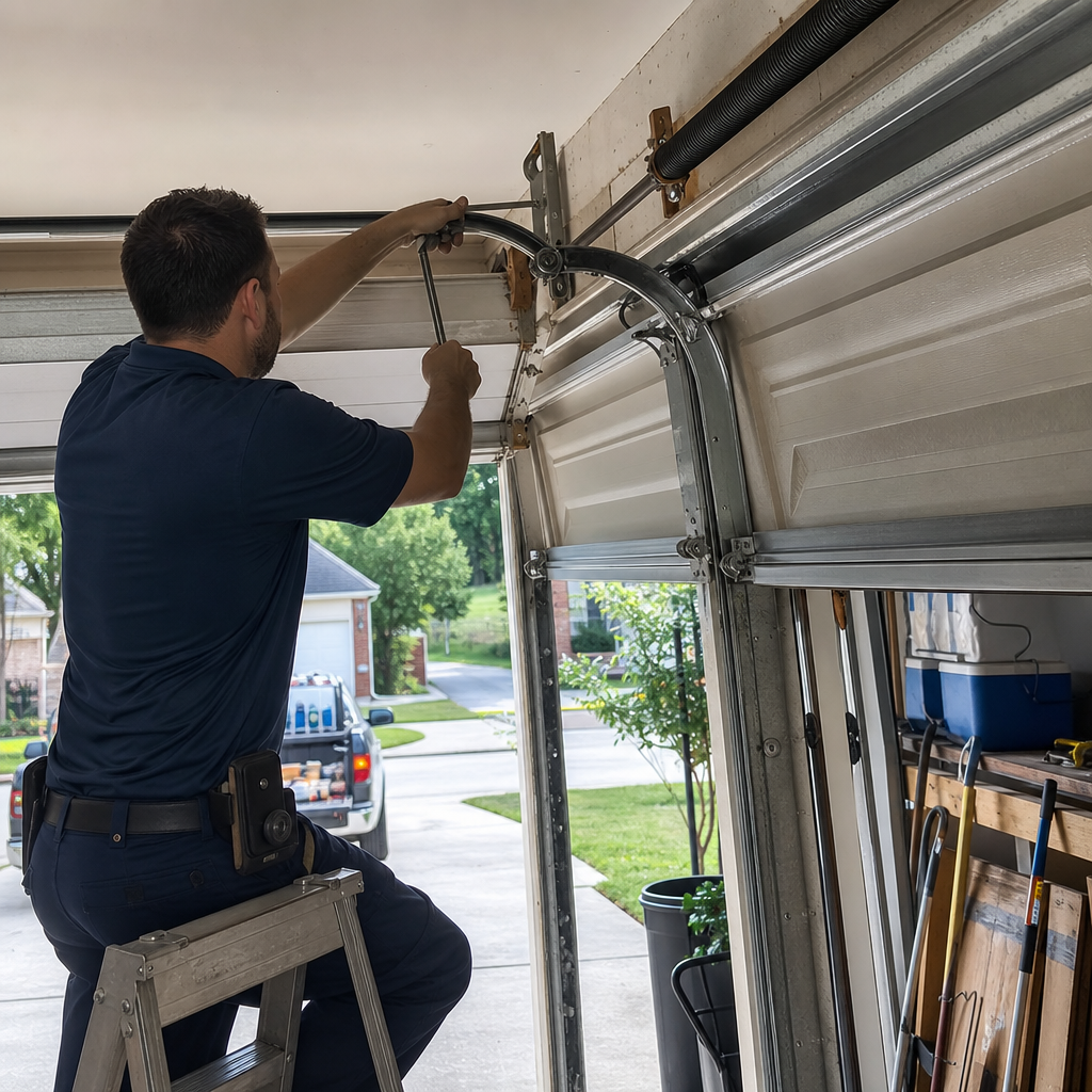 Garage door technician adjusting spring parts in Jacksonville, FL